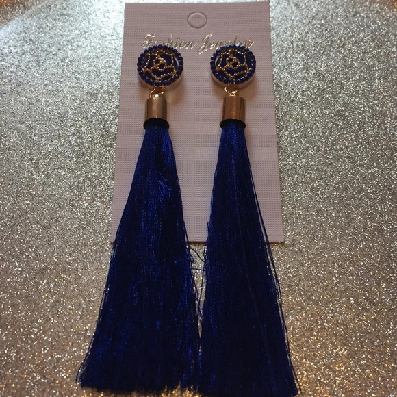 Sapphire Blue Tassel Earrings NEW Trendy Fashion Jewelry Statement Dangle - Picture 2 of 5